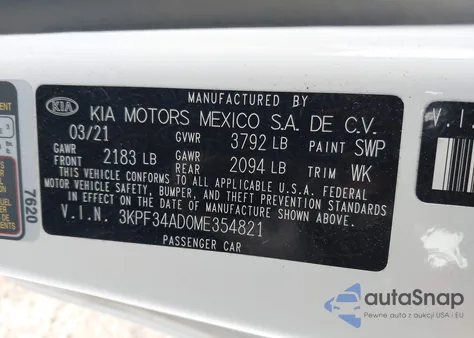 2021 Kia Forte Gt-Line из США, поврежденный, VIN 3KPF34AD0ME354821